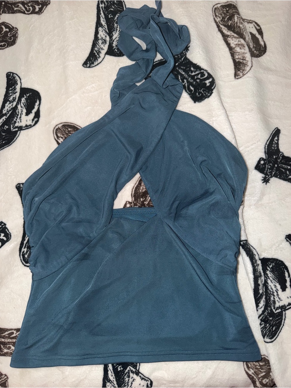 White fox Blue Halter Neck Twist Front Top- L